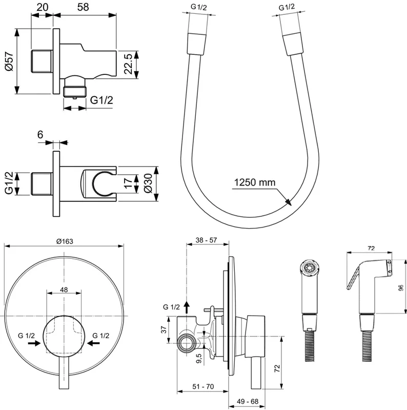Ideal Standard Гигиенический душ со смесителем, шланговым подключением и шлангом, цвет: silk black BD651XG