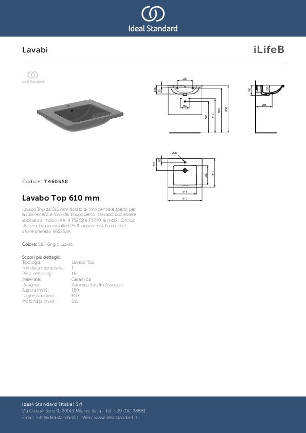 Ideal Standard I.Life B Раковина мебельная 61x15,5 см, с переливом, цвет: grey glossy T460558