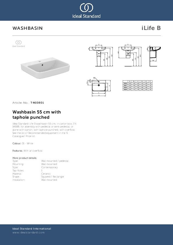 Ideal Standard I.Life B Раковина 55x15 см с 1 отверстием под смеситель и переливом, цвет: euro white T460801