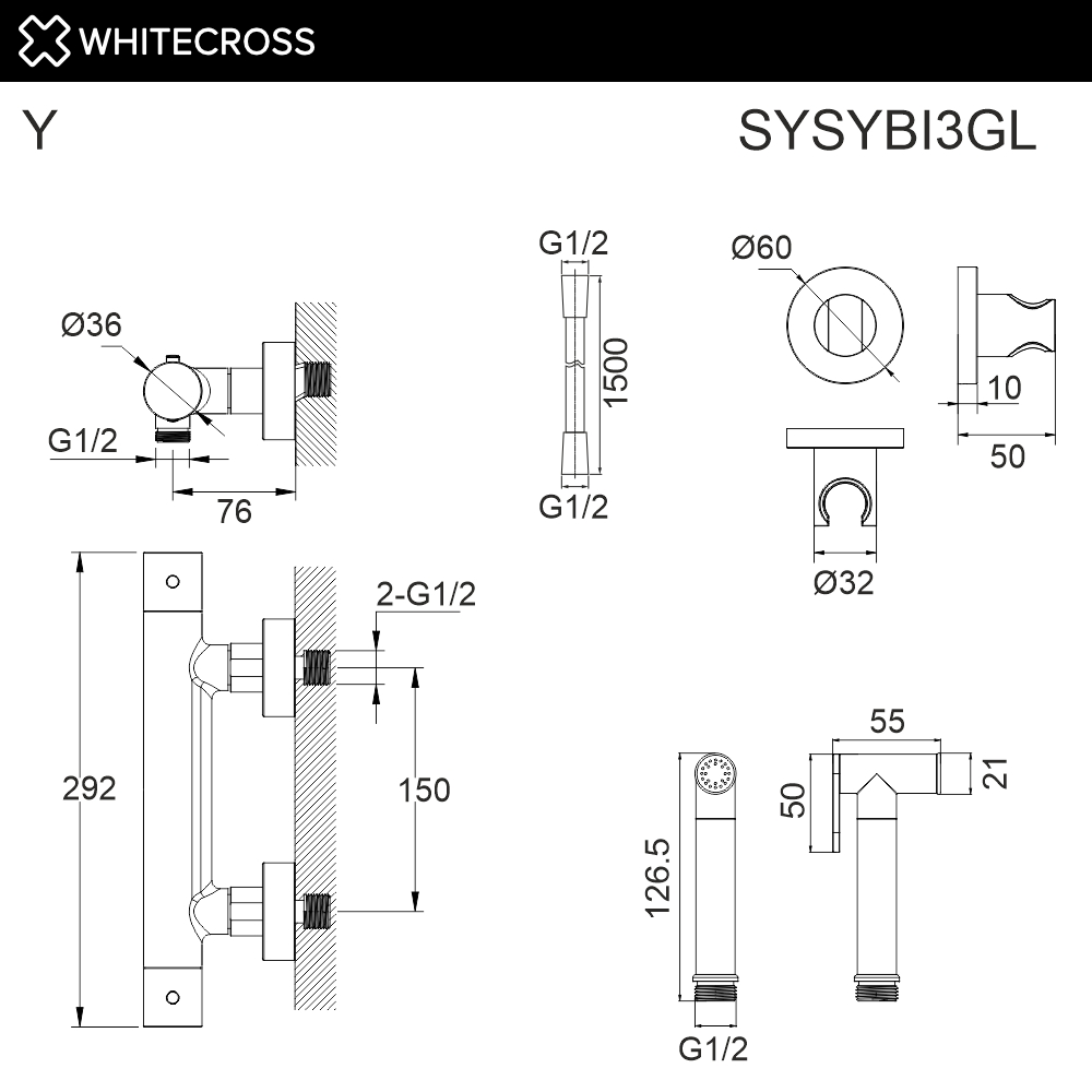Whitecross Y Гигиенический душ с термостатом, шланг 125 см, держатель, цвет: золото глянцевое SYSYBI3GL
