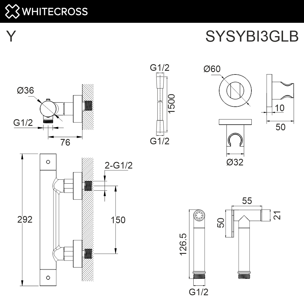 Whitecross Y Гигиенический душ с термостатом, шланг 125 см, держатель, цвет: золото брашированное SYSYBI3GLB