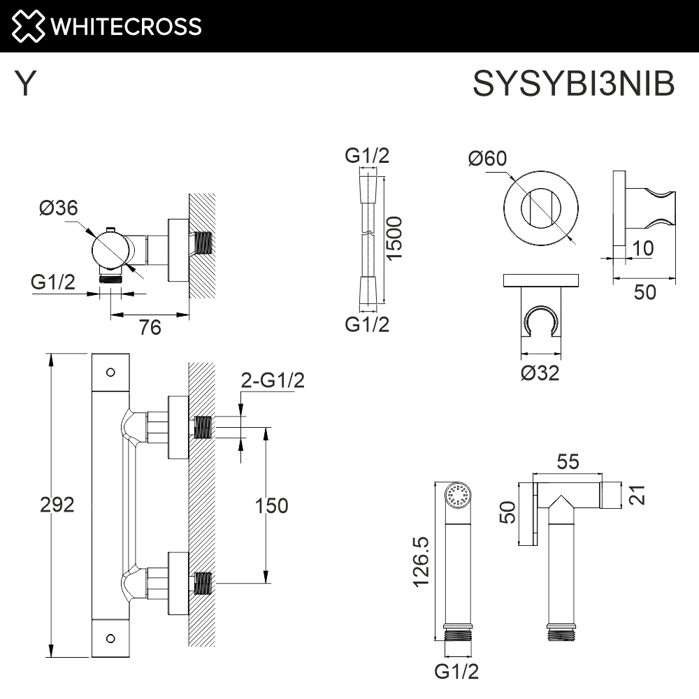 Whitecross Y Гигиенический душ с термостатом, шланг 125 см, держатель, цвет: никель брашированный SYSYBI3NIB