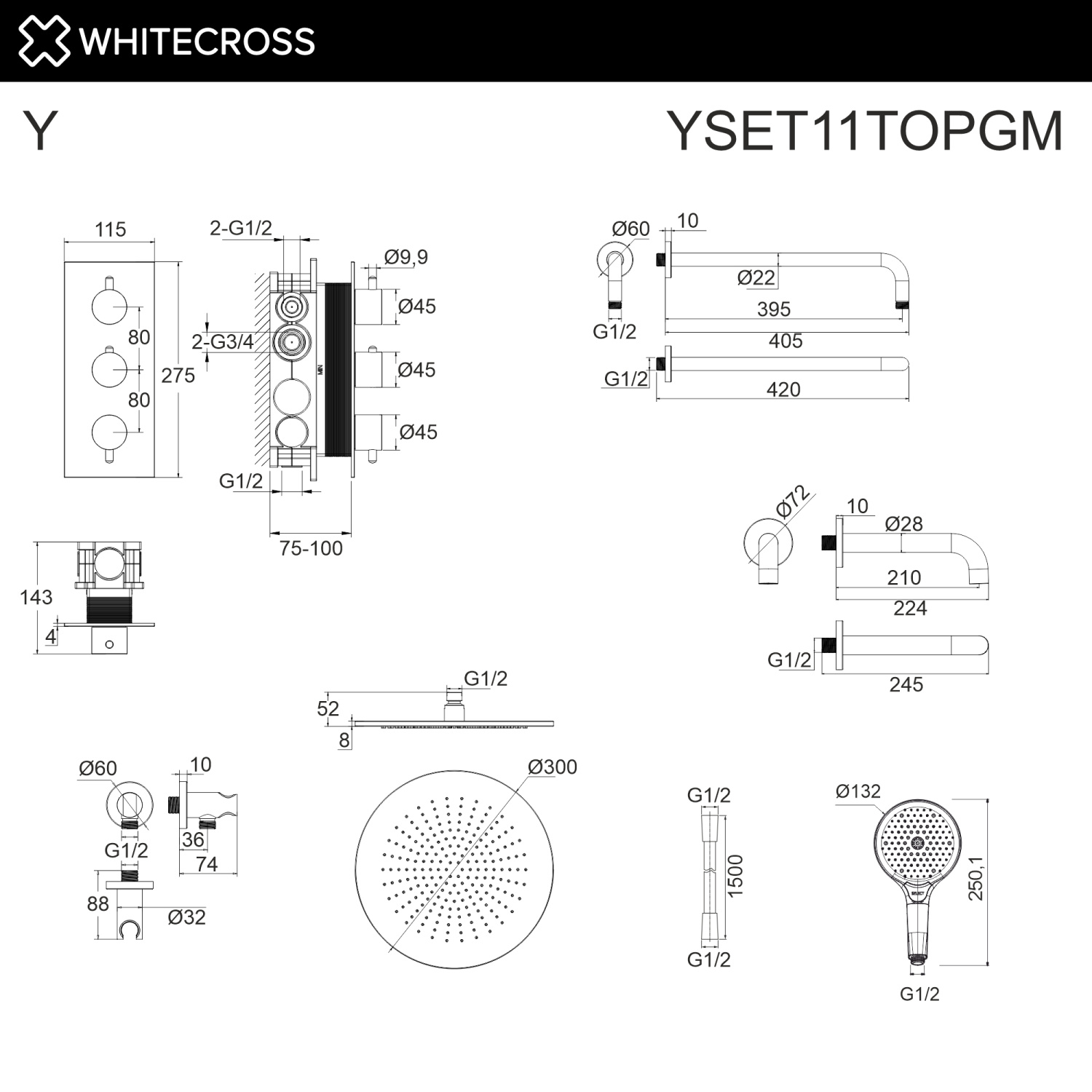 Whitecross Y Термостат для ванны с встр. частью: излив 21 см, верхний душ, шланг, цвет: графит браш YSET11TOPGM