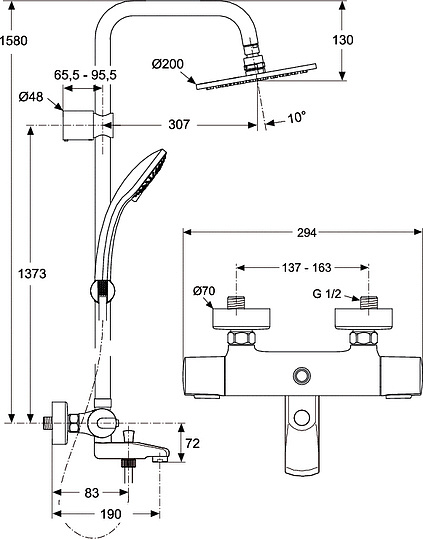 Ideal Standard IdealRain Душевая стойка: термостат, верхний душ, штанга 158 см, цвет: chrome A5778AA