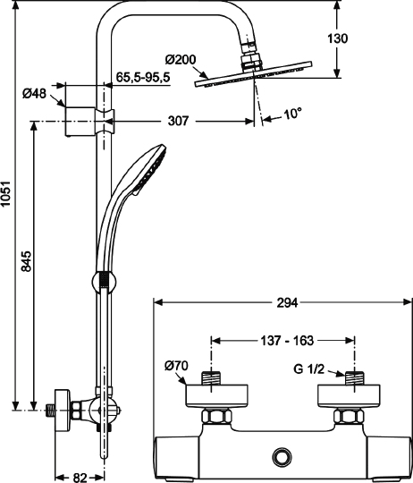 Ideal Standard Ideal duo Душевая стойка: термостат, верхний душ, лейка, штанга 105 см, цвет: chrome A5686AA