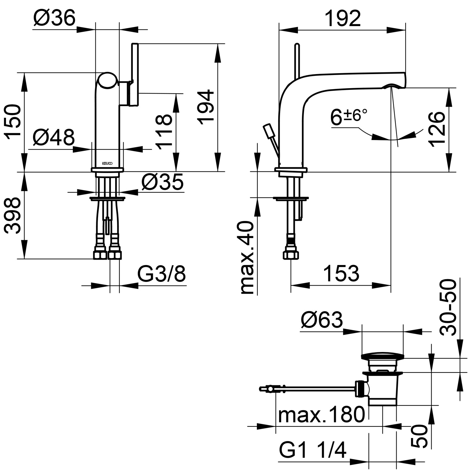 Keuco Edition 400 Смеситель для раковины рычажный 120, с д/к и гарнитуром для слива, цвет: никель 51504 050002