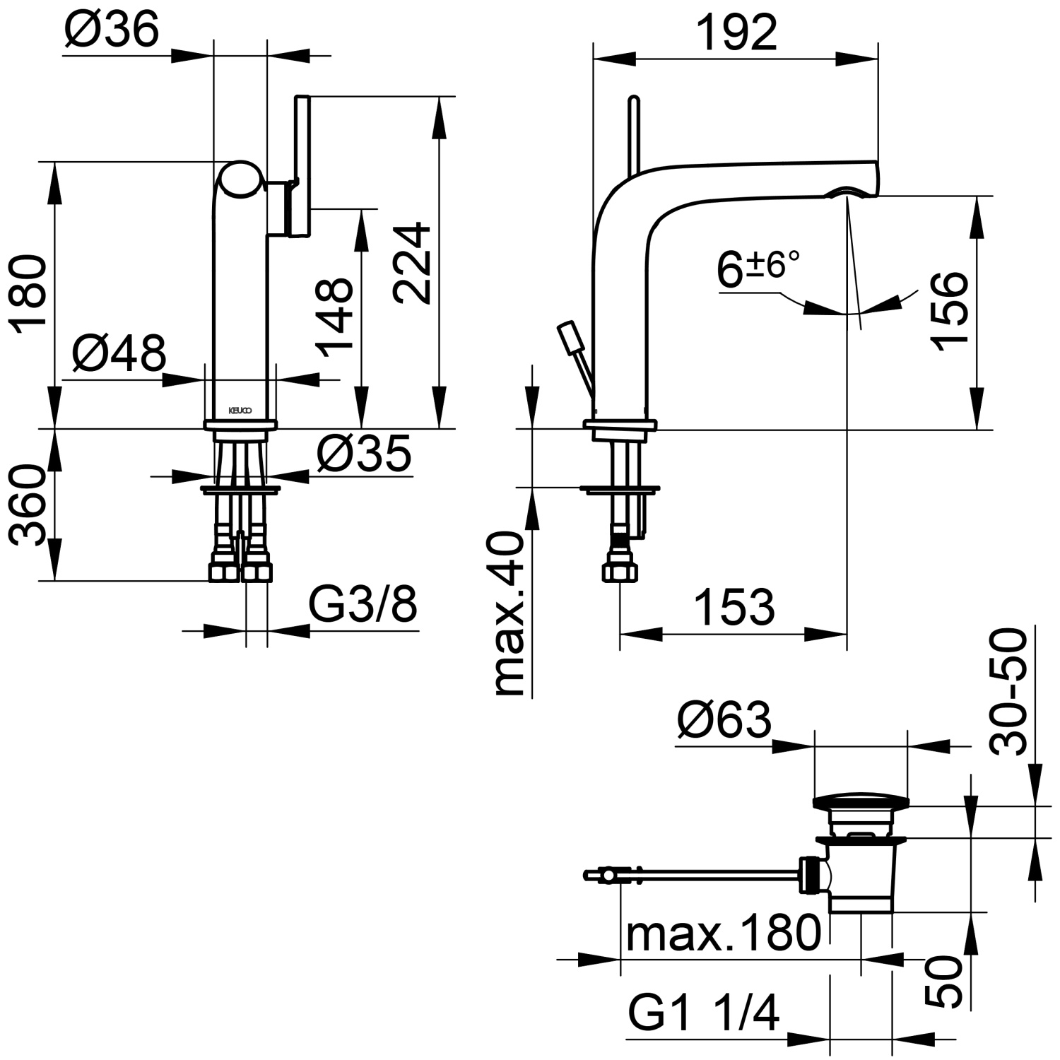 Keuco Edition 400 Смеситель для раковины рычажный 150, с д/к и гарнитуром слива, цвет:хром черный 51502 130000