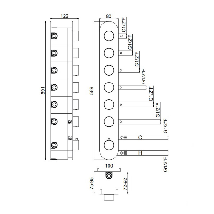 Carimali IlTondo Смеситель для душа термостатический на 6 потребителей, встраиваемый, цвет: хром 21067EST/A-CR