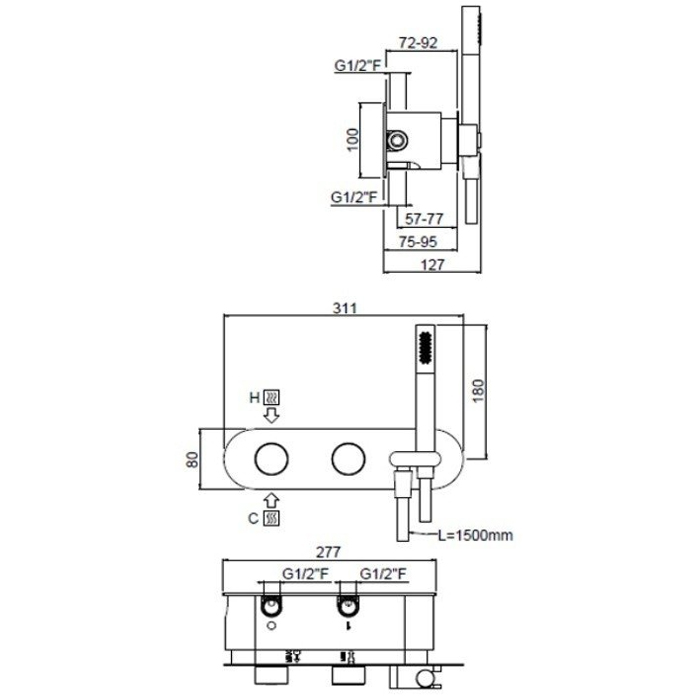 Carimali IlTondo Смеситель для душа термостат. 3 потреб., встр., лейка, держатель, шланг, цвет:хром 21938EST/A-CR