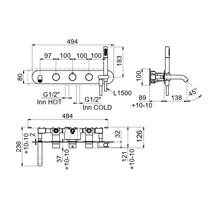 Carimali IlTondo Смеситель для ванны термостататический, 3 потреб., встр., лейка, шланг, цвет: хром 0-ITD6101EST-CR