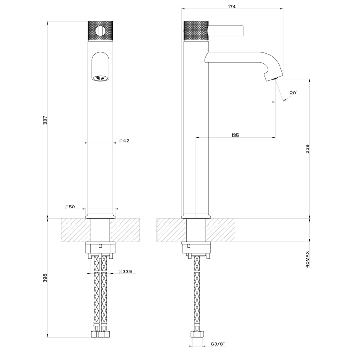 Gessi Inciso Смеситель для раковины на 1 отверстие, высокий h33,7 cм, цвет: black metal brushed PVD 58004#707