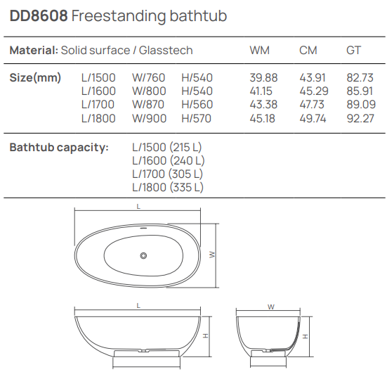 Dea Design Modern Ванна из Solid Surface отдельностоящая 160x80 см, цвет: white DD8608 1600 18