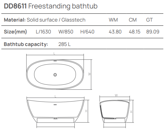 Dea Design Elegant Ванна из Solid Surface отдельностоящая 163x85 см, цвет: light grey DD8611 1630 4