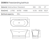 Dea Design Elegant Ванна из Solid Surface отдельностоящая 175x75 см, цвет: white DD8614 1750 18