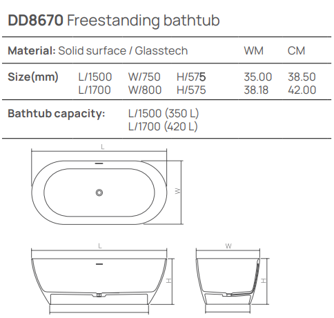 Dea Design Edge Ванна из Solid Surface отдельностоящая 170x80 см, цвет: wave DD8670 1700 15