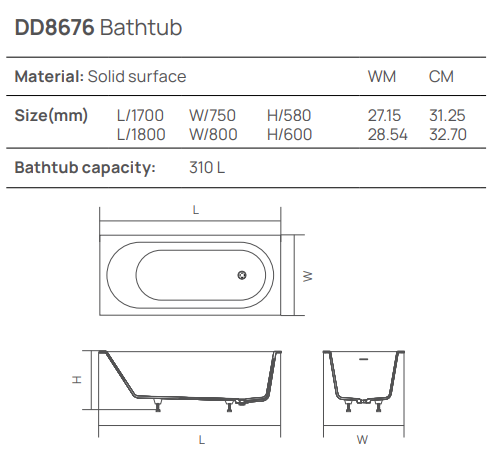 Dea Design Ease Ванна из Solid Surface, встраиваемая 180x80 см, цвет: white DD8676 1800 18