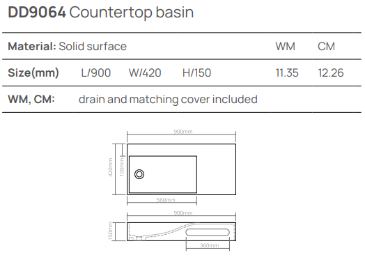 Dea Design Раковина накладная 90x42x15h см, Solid Surface, цвет: dark camel DD9064 900 1
