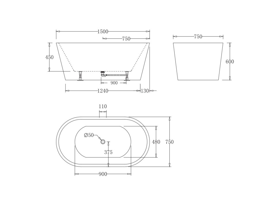 BelBagno Ванна акриловая отдельностоящая 150x75 см, без перелива, цвет: белый глянцевый Bb71-1500-W0
