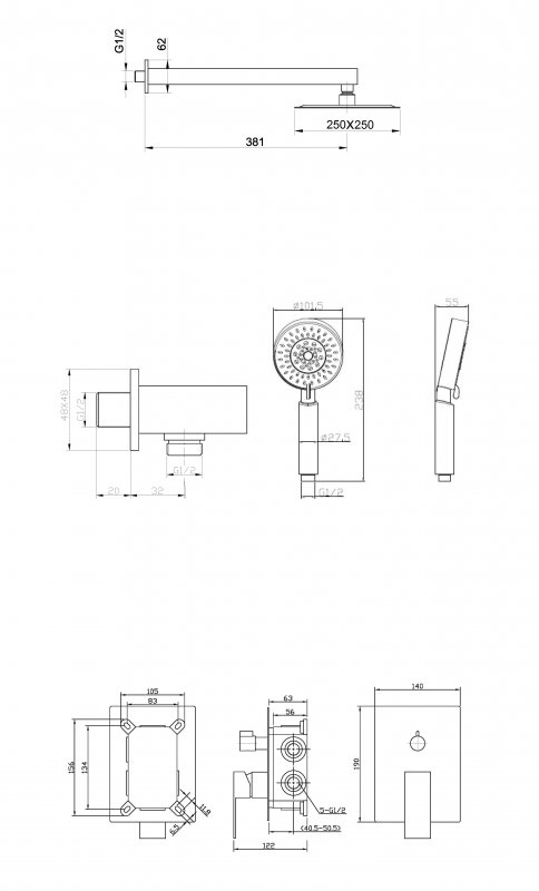 BelBagno Ancona Душевой комплект встраиваемый: смеситель, ручной и верхний душ, цвет: хром глянцевый Ancona-Dset-Crm