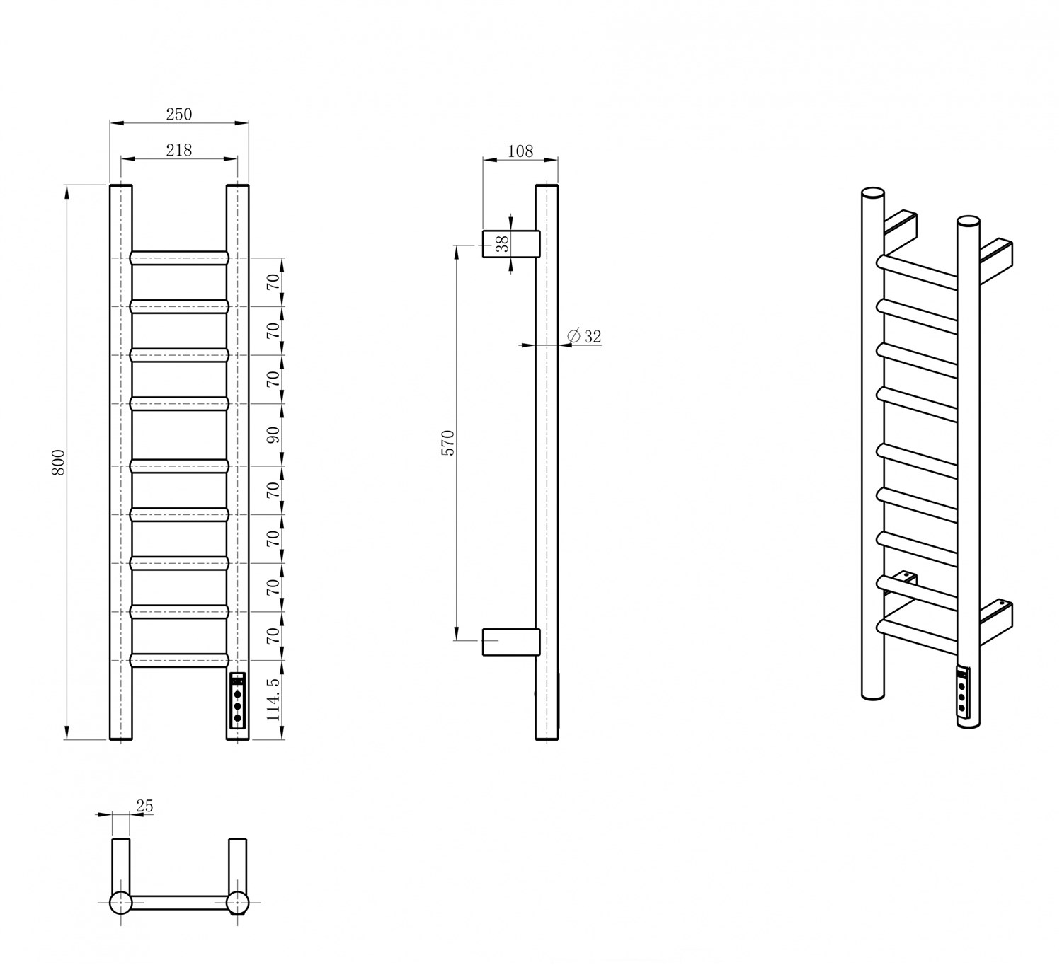 Wonzon & Woghand Bonn Полотенцесушитель электрический 25х80h см, цвет: хром глянцевый WW-AL4092-CR