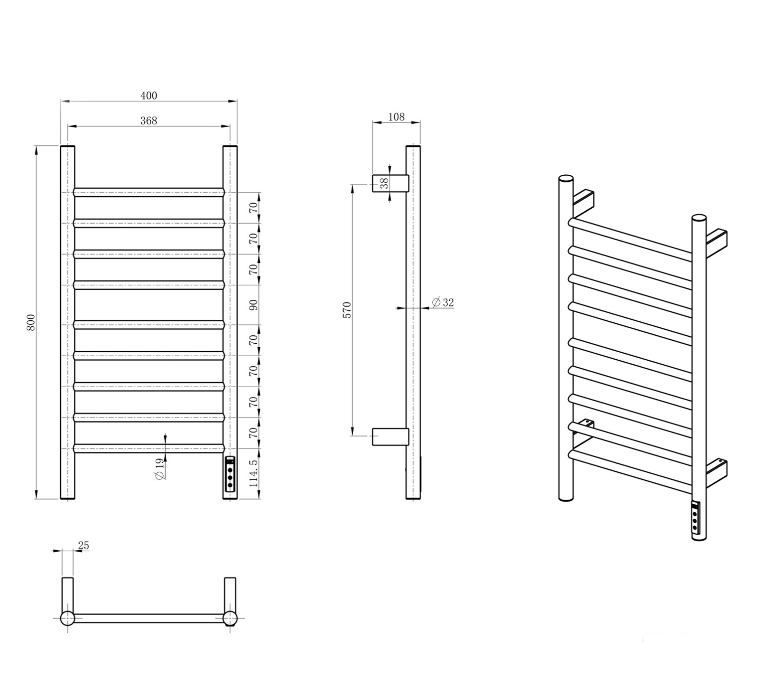Wonzon & Woghand Bonn Полотенцесушитель электрический 40х80h см, правое, цвет: хром глянцевый WW-AL4094-CR