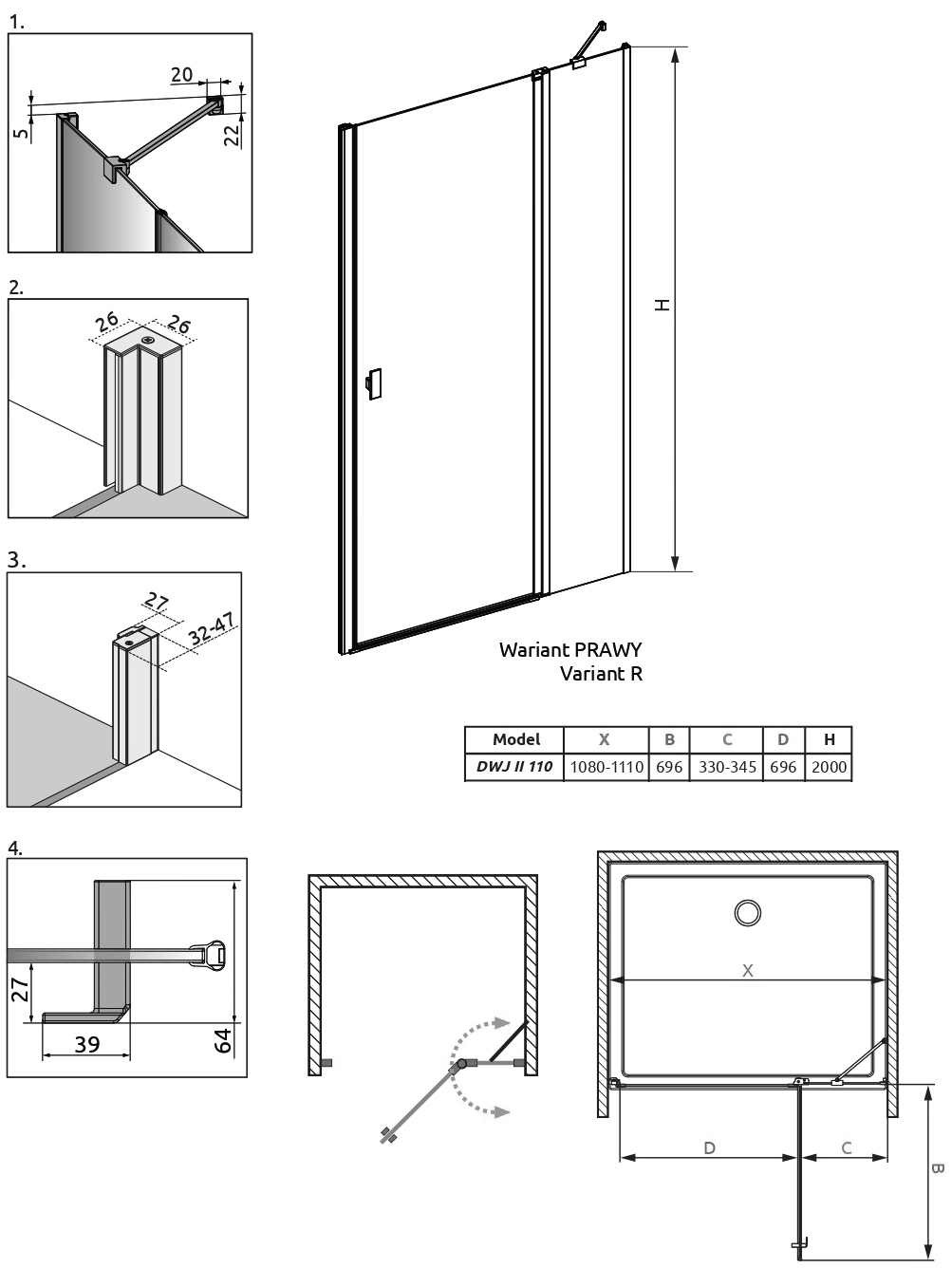 Radaway Nes DWJ II Душевая дверь в нишу, правая, прозрачная 6 мм, 110х200h см, цвет: хром глянцевый 10036110-01-01R