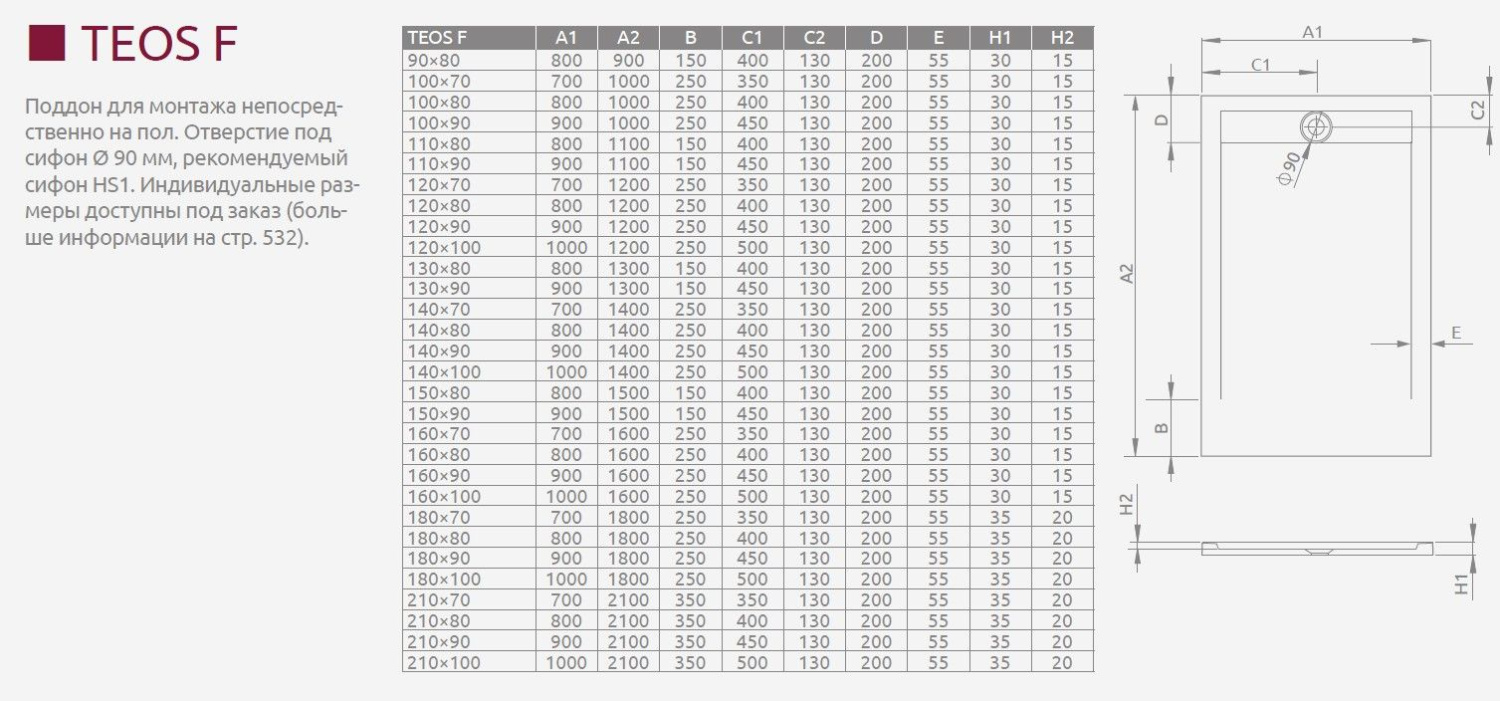 Radaway Teos F Поддон для душа из композита, 180х90х3,5h см с крышкой слива, цвет: cemento HTF18090-74