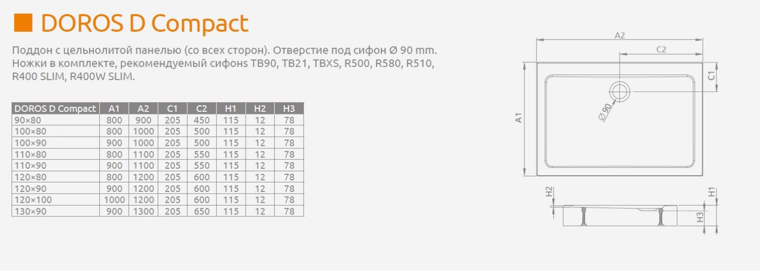 Radaway Doros D Compact Поддон для душа из акрила, 100х90х11,5h см, цвет: белый глянцевый SDRD1090-05