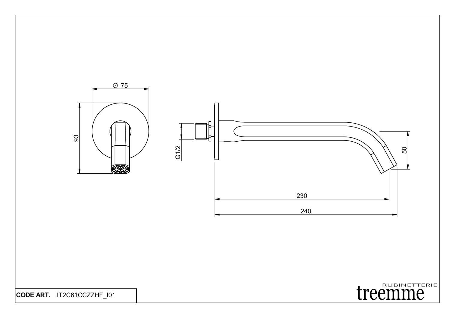 Treemme Aurelia Излив настенный для ванны 24 см, цвет: chrome IT2C61CCZZHF