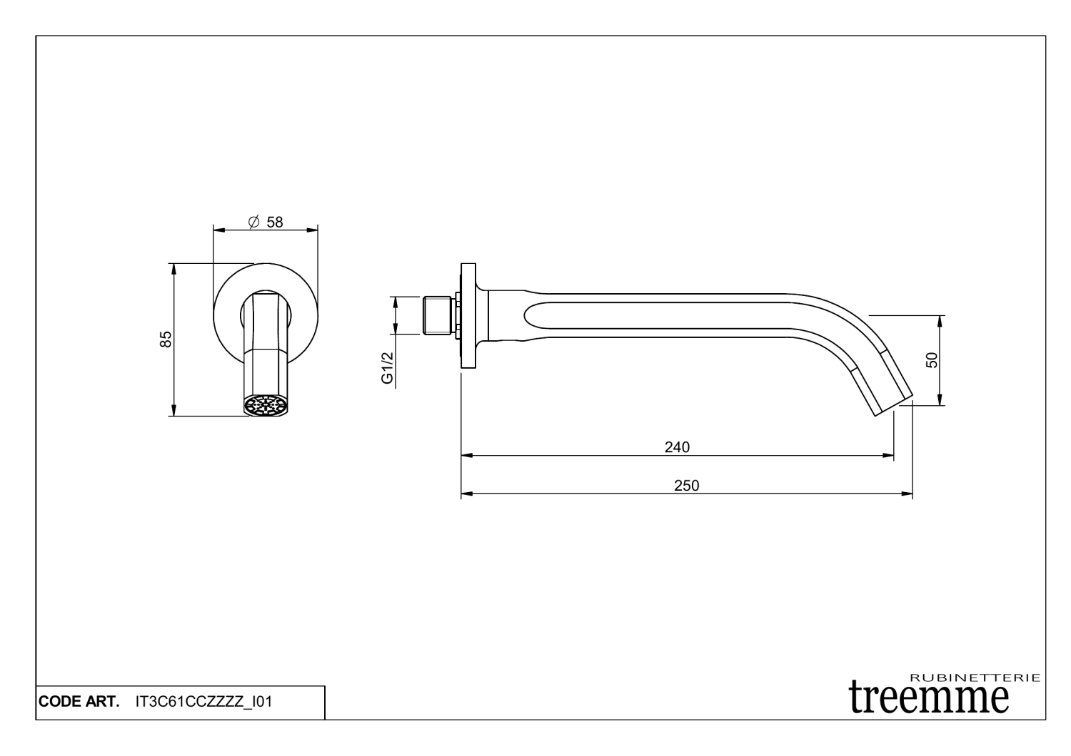 Treemme Appia Излив настенный для ванны 25 см, цвет: chrome IT3C61CCZZZZ
