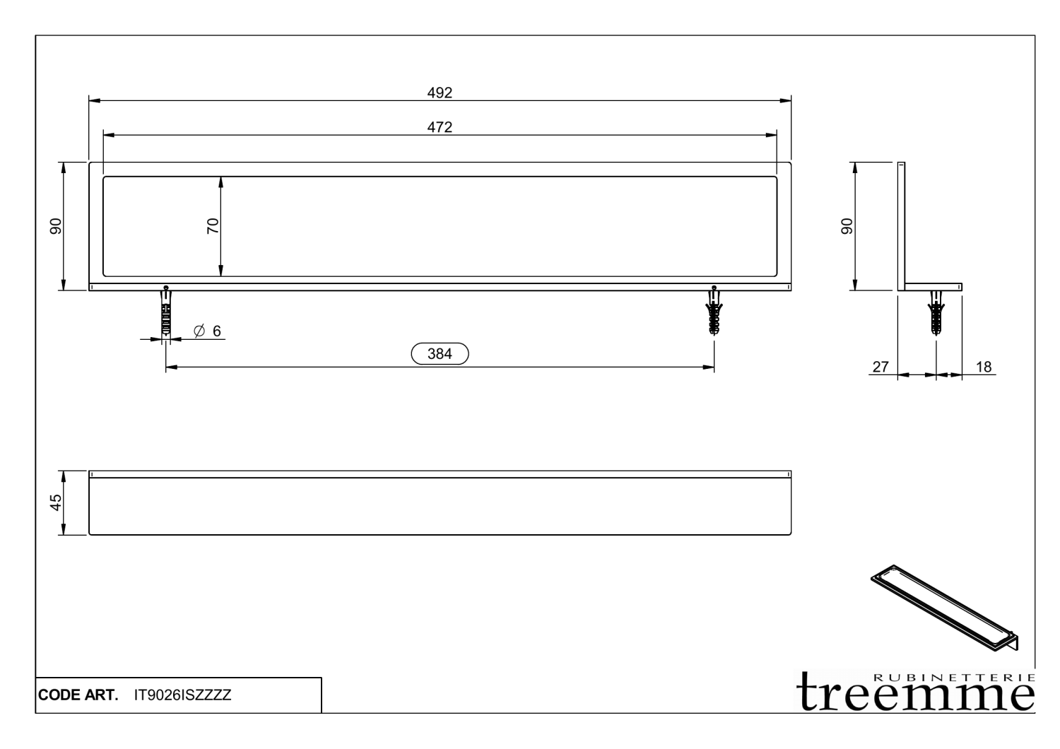Treemme 22mm Полка подвесная 49,6 см, цвет: нержавеющая сталь IT9026ISZZZZ
