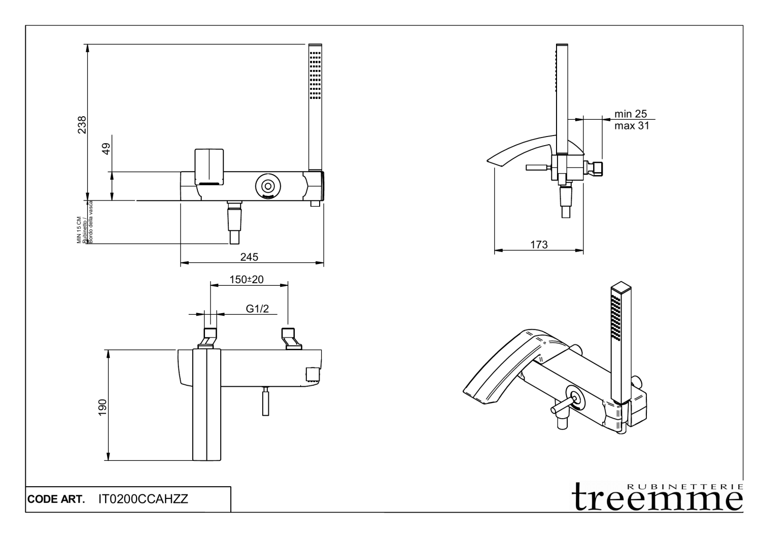 Treemme Arche Смеситель для ванны настенный, ручной душ, длина излива 17,3 см, цвет: chrome IT0200CCAHZZ