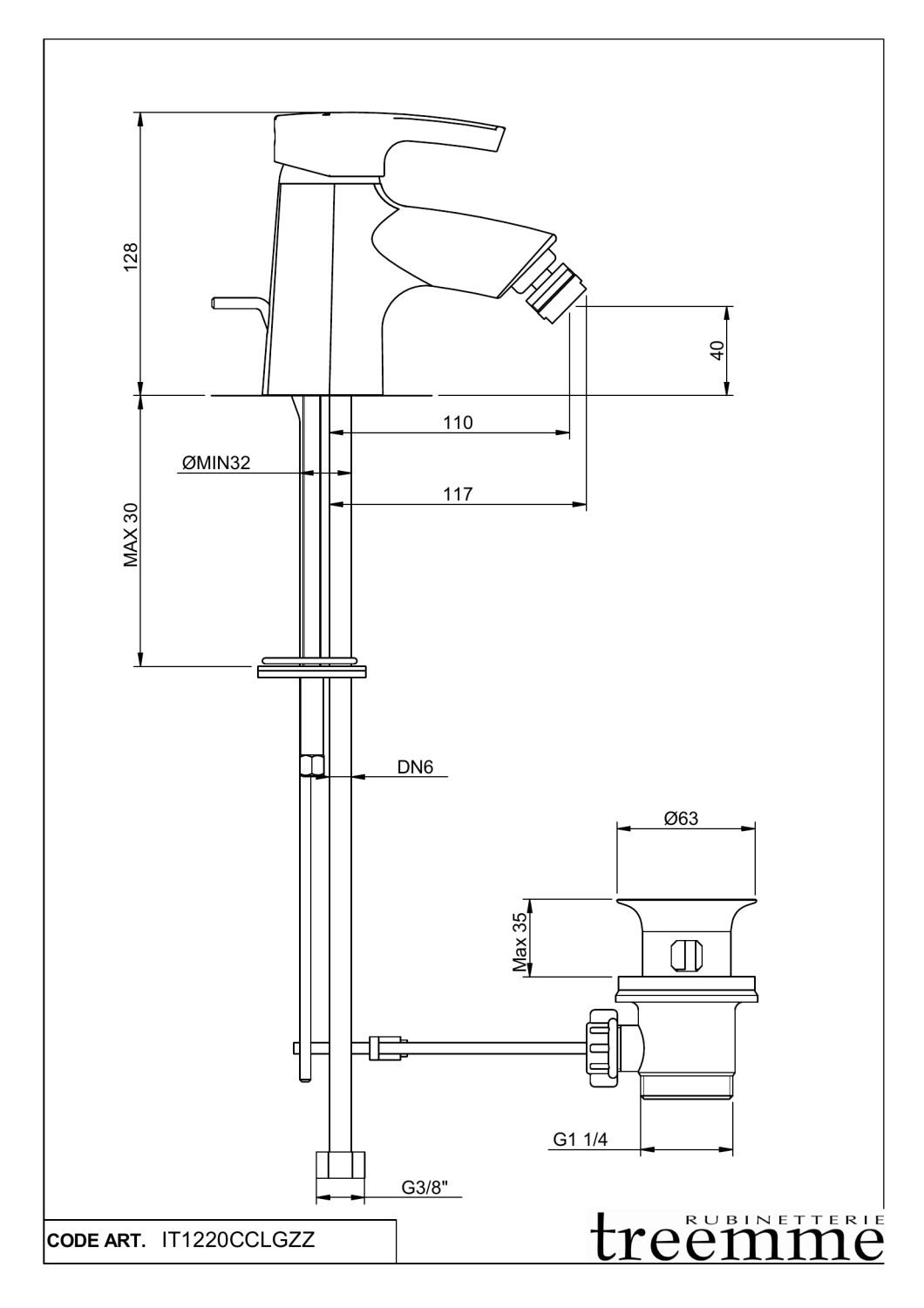 Treemme Logic Смеситель для биде, с донным клапаном, цвет: chrome IT1220CCLGZZ