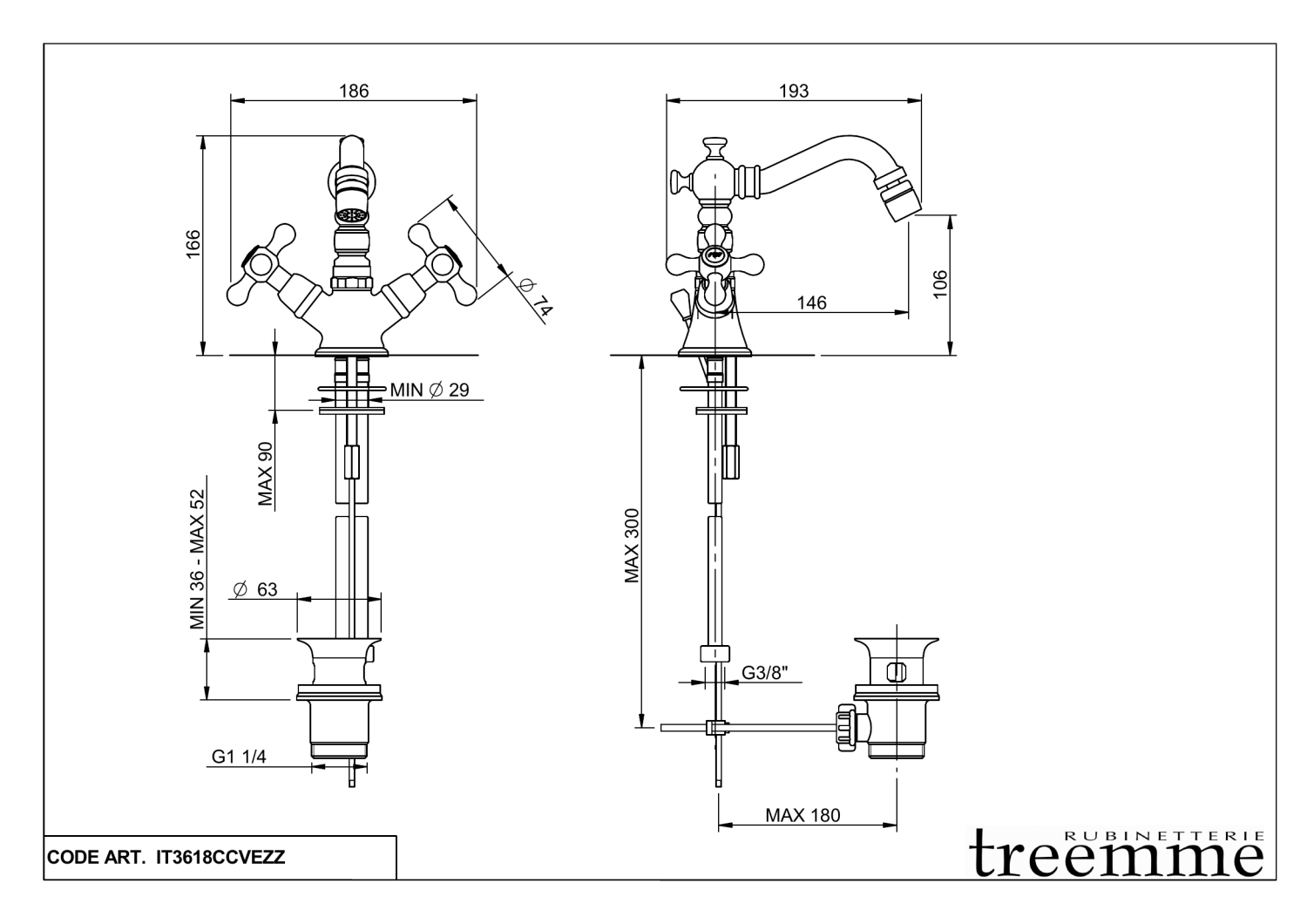 Treemme Romantica Смеситель для биде, с донным клапаном, цвет: chrome IT3629CCPVZZ