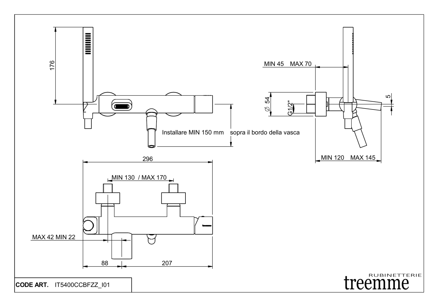 Treemme Nanotech Смеситель для ванны накладной с ручным душем, 1 вид струи, цвет: chrome IT5400CCBFZZ