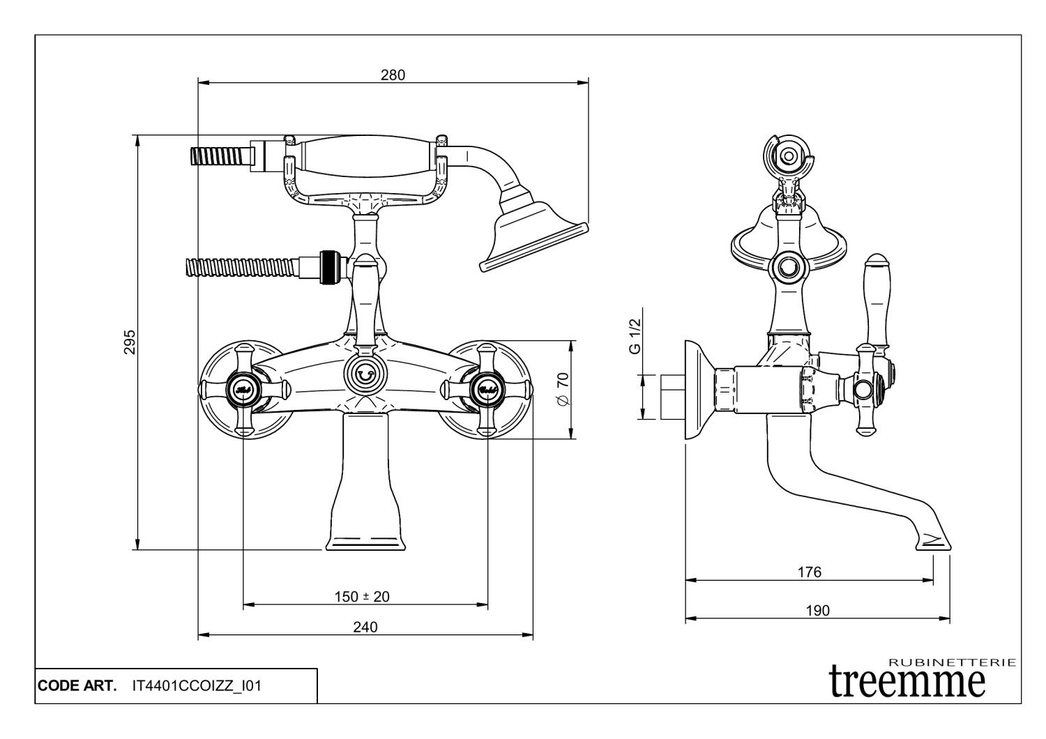 Treemme Old Italy Смеситель для ванны накладной с ручным душем, 1 вид струи, цвет: chrome IT4401CCOIZZ