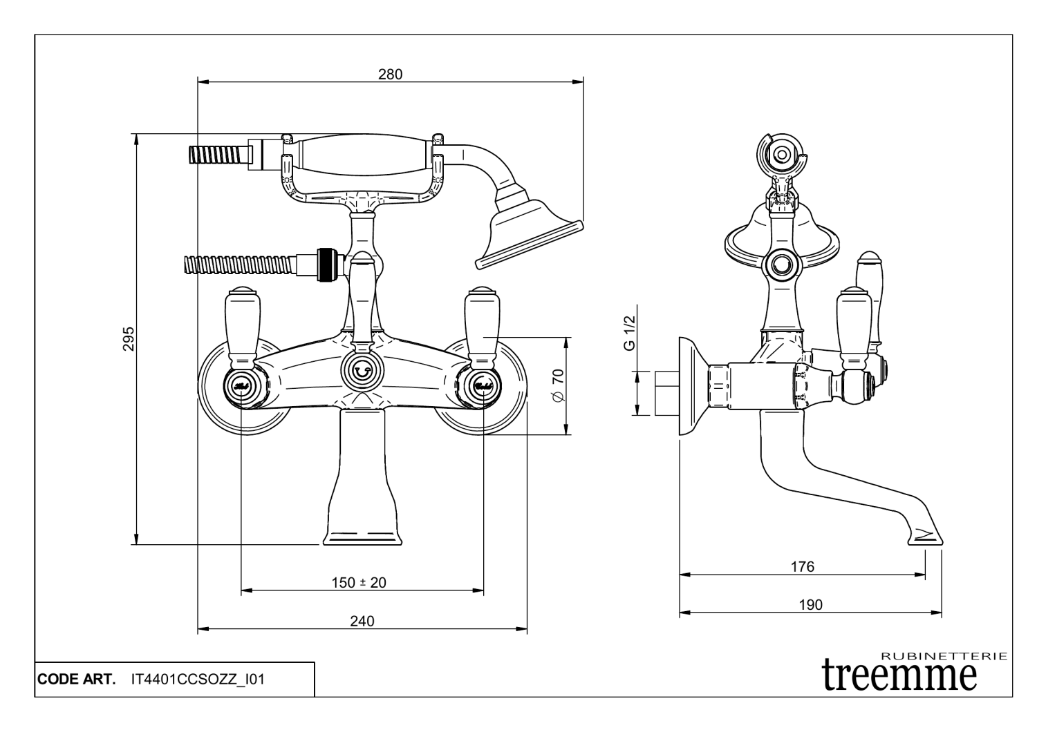 Treemme Old Italy Смеситель для ванны накладной с ручным душем, 1 вид струи, цвет: chrome IT4401CCSOZZ