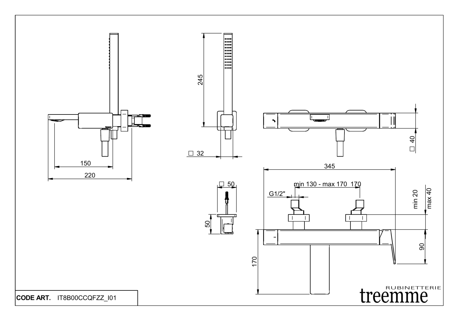 Treemme PA36 Смеситель для ванны накладной с ручным душем, 1 вид струи, цвет: chrome IT8B00CCQFZZ