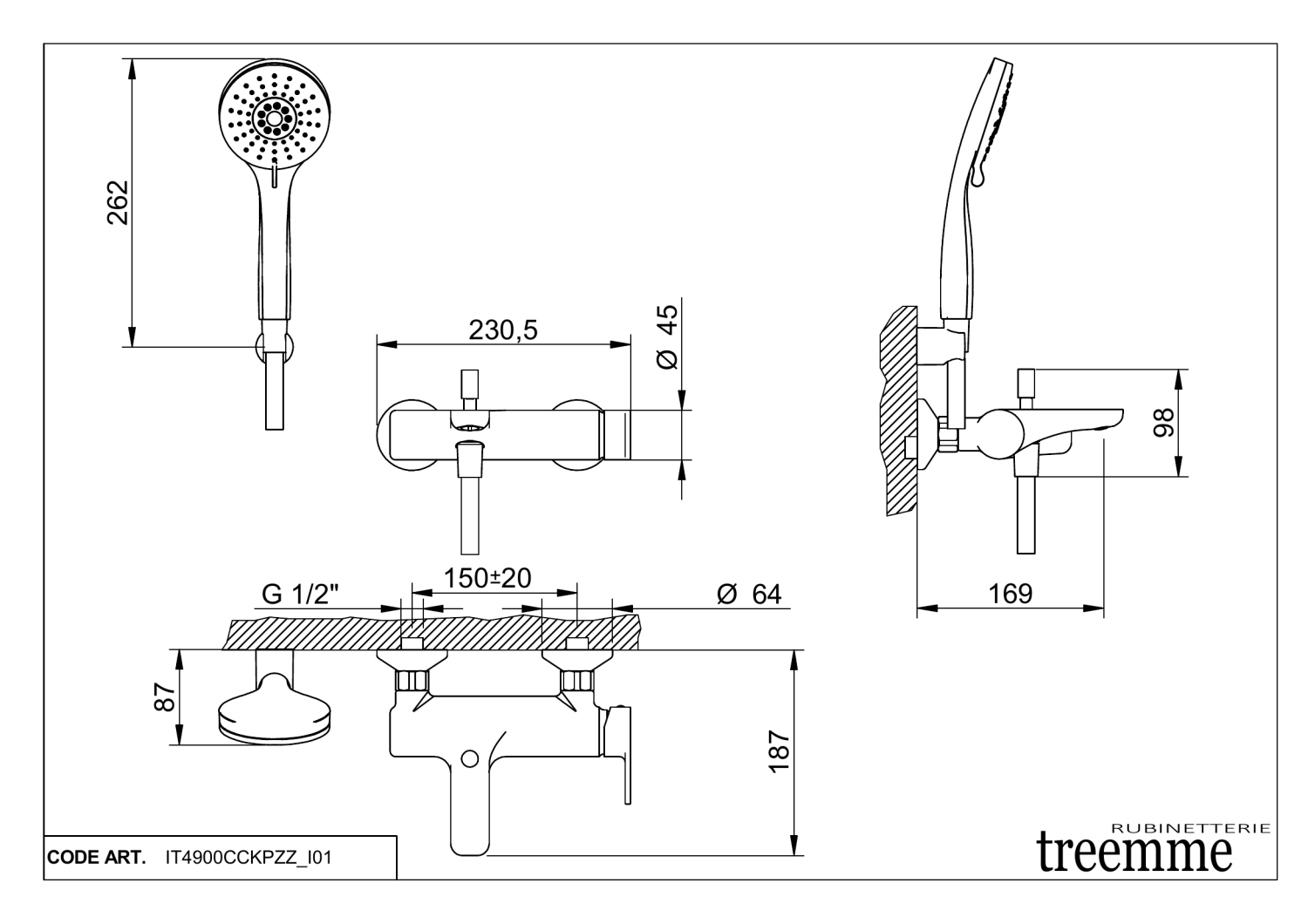 Treemme Zip Смеситель для ванны накладной с ручным душем, 2 вида струи, цвет: chrome IT4900CCKPZZ