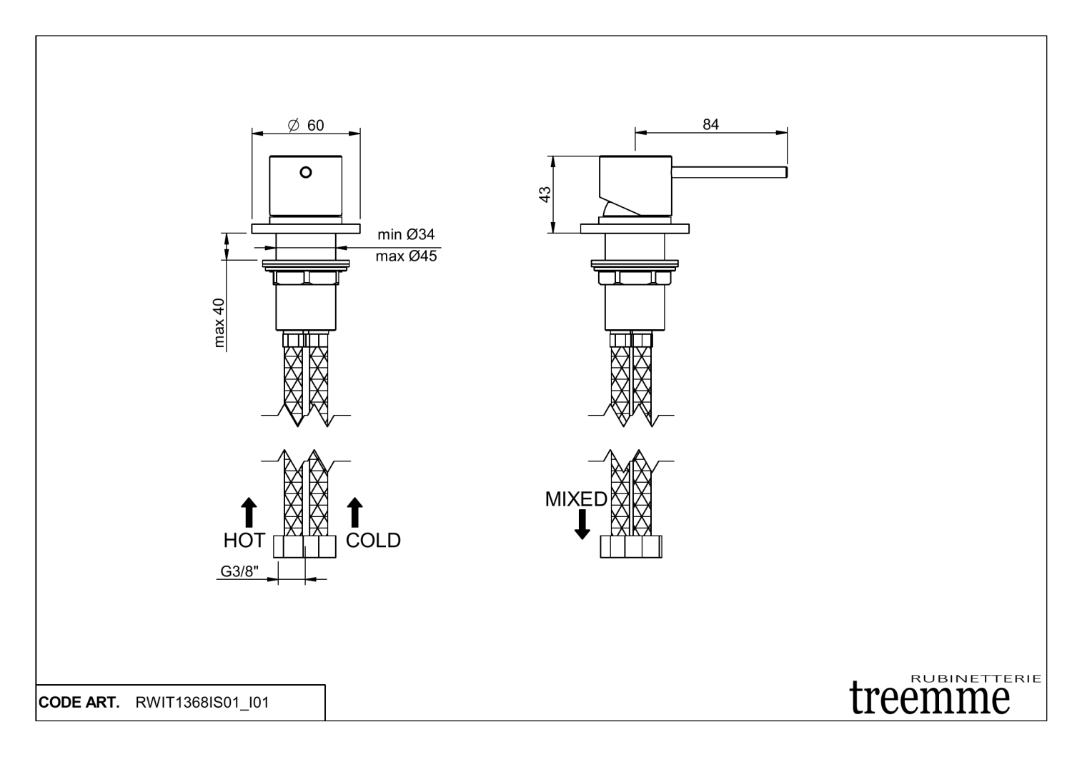 Treemme 40mm Смеситель для раковины настольный управляющий, цвет: нержавеющая сталь RWIT1368IS01