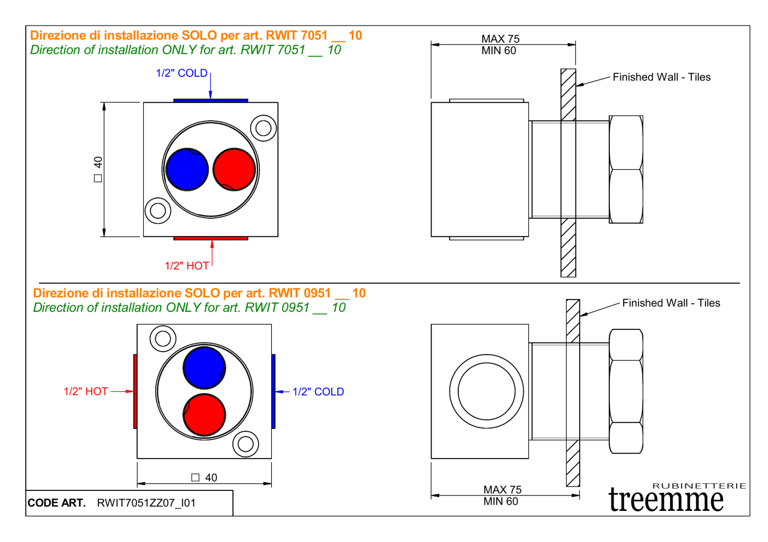 Treemme 22mm Встраиваемая часть настенного смесителя для раковины RWIT7051ZZ07
