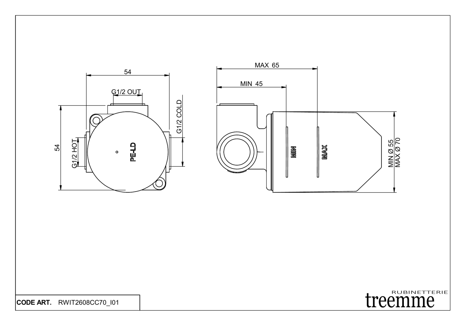 Treemme 22mm Встраиваемая часть крана для раковины/душа на 1 потребитель RWIT2608CC70