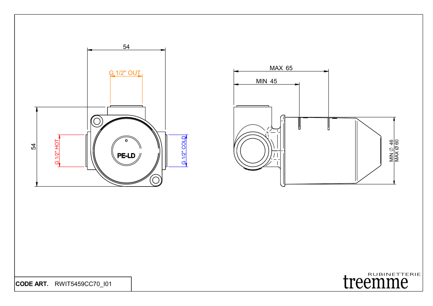 Treemme 22mm Встраиваемая часть крана для раковины/душа на 1 потребитель RWIT5459CC70
