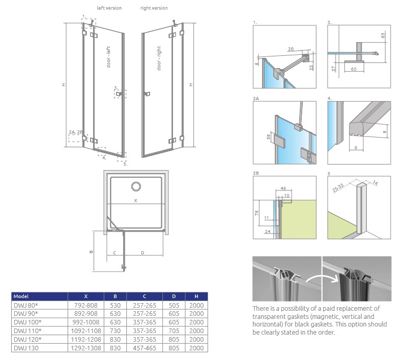 Radaway Essenza Pro DWJ Душевая дверь в нишу, левая, прозрачная 6 мм, 120х200h см, цвет: white 10099120-04-01L
