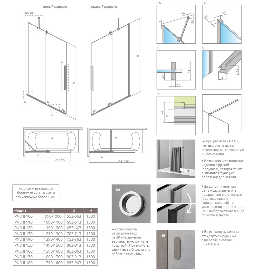 Radaway Furo PND II Шторка на ванну раздвижная прозрачная 8 мм, Easy Clean 53,8х150h см, цвет: black 10109538-54-01R
