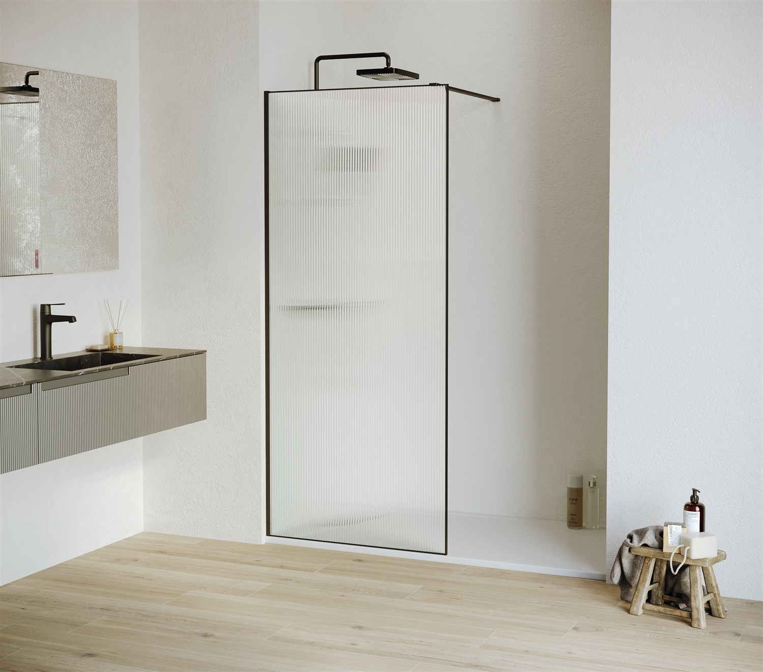 RGW Душевое ограждение walk-in, Easy Clean 100х195h см, стекло рифленое 8 мм, цвет: черный матовый 06100810-154