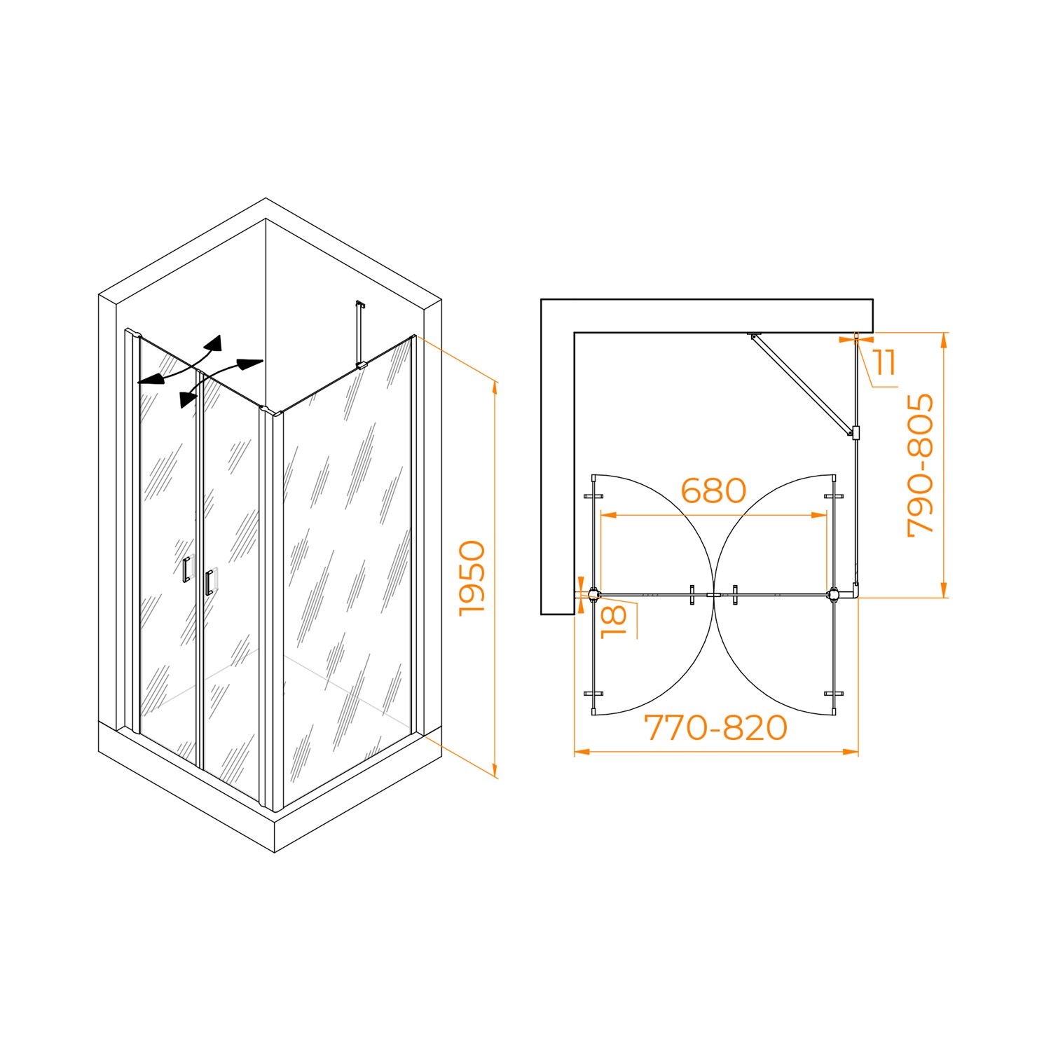 RGW Passage Душевой уголок 80х80х195h см, универсальный, Easy Clean, цвет: черный матовый 060814488-14