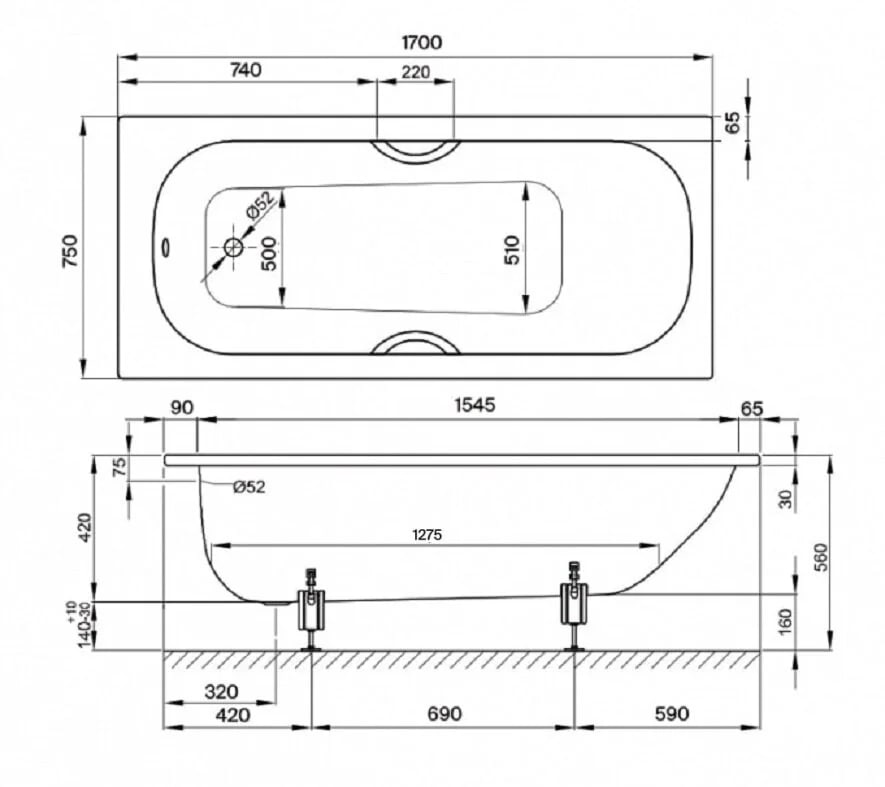 Bette Form Ванна стальная встраиваемая 170x75 см, с шумоизоляцией, цвет: белый 2947-000