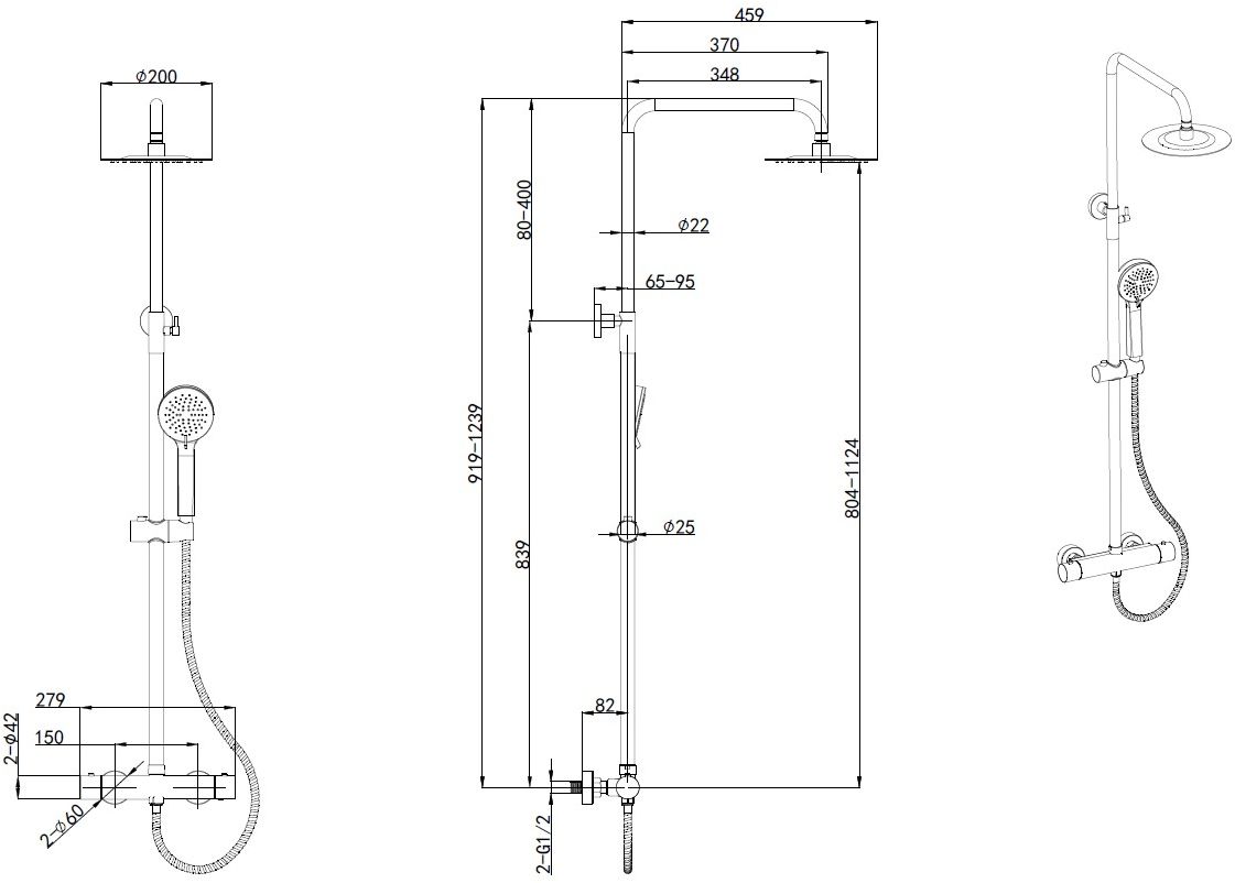 Allen Brau Eclipse Душевая стойка: термостат, ручн. душ, шланг, излив, верхний душ 20 см, цвет: хром 5.E1A11-00