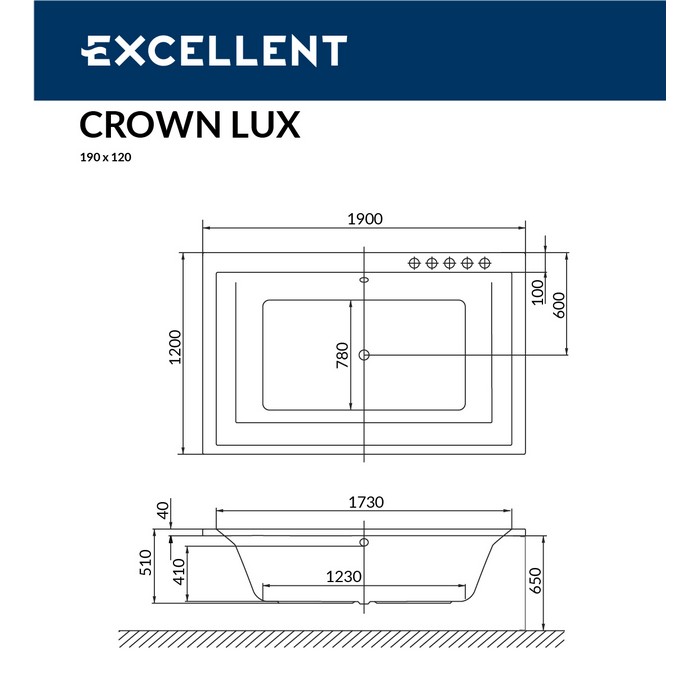 Excellent Crown Lux Ванна гидромассажная Nano 190x120 см, акрил, цвет: белый глянец, фурнит. золото WAEX.CRO19.NANO.GL